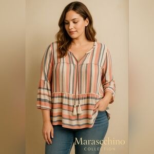 A.N.A Linen-Look Striped Peasant Blouse XXL